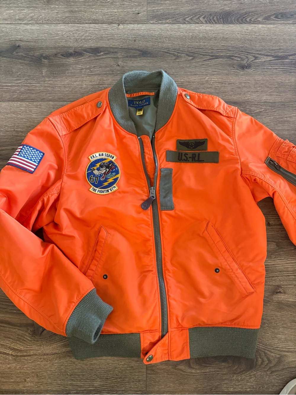 Polo by Ralph Lauren Bright Orange Military Patch Bomber Jacket